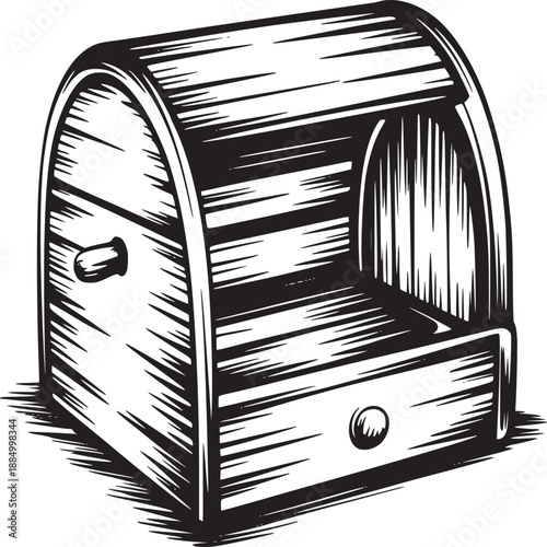 Illustration of a wooden bread box with a roll top and a drawer in black and white style drawing