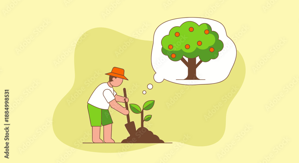 Fototapeta premium Man planting a tree with a thought bubble of a mature tree.