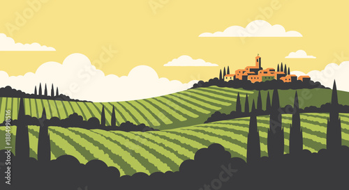 Tuscan landscape with vineyards and cypress trees under a sunny sky.