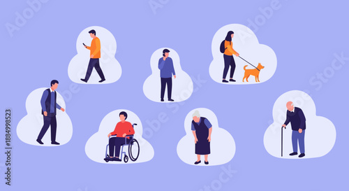 Diverse group of people with disabilities and elderly walking.