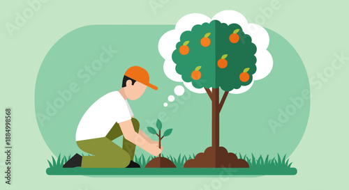 Man planting a tree with a thought bubble of a fruit tree.