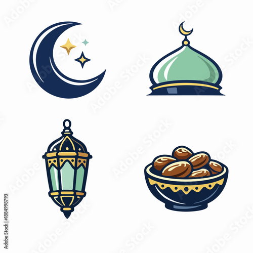 Set of traditional Islamic cultural symbols and religious icons, featuring a crescent moon, mosque dome, ornate lantern, and dates, ideal for festive celebrations and spiritual designs