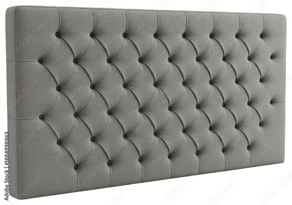 Fototapeta premium Grey upholstered fabric headboard with diamond tufted button pattern on a transparent background