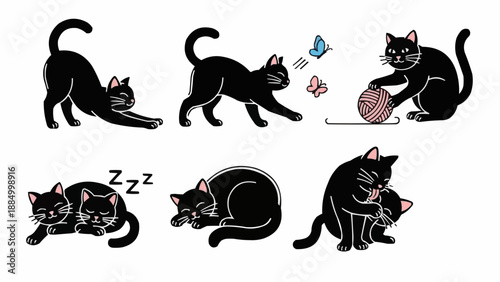 Set of Black Cat Poses and Activities.