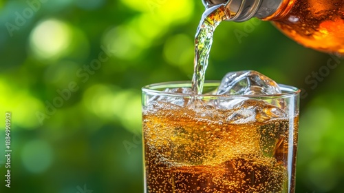 Close up of hand skillfully pouring refreshing cold beverage into elegant crystal glass for perfect serve.