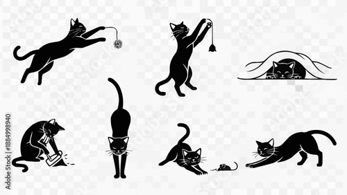 Set of Black Cat Silhouettes in Various Playful Poses.