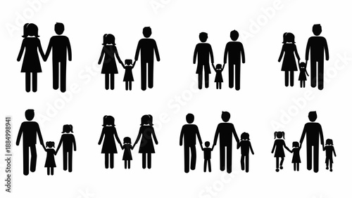 Set of black family icons holding hands together.