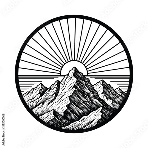 Dramatic Mountain Peaks and Rising Sun, Graphic Black and White Illustration