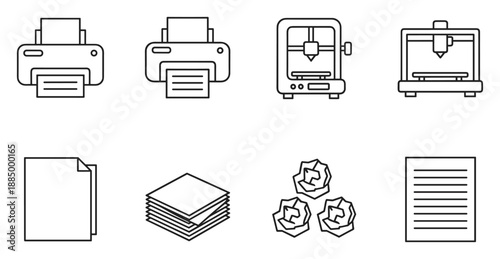 Monochrome vector illustration featuring printer and paper icon set design.