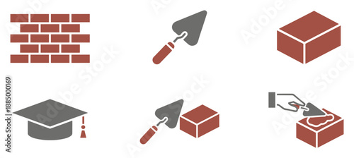 A collection of six vector icons representing bricklaying and education.