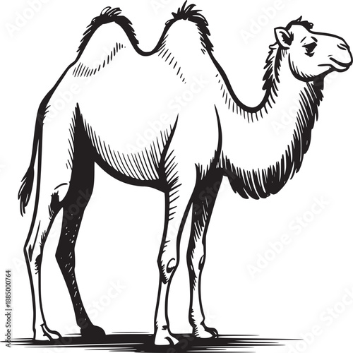 Illustration of a two humped camel standing in profile with black and white sketch style drawing