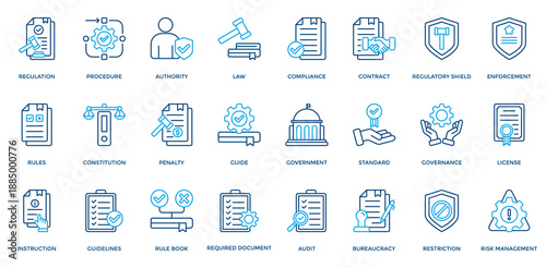 Regulation Icon Set. Containing Procedure, Authority, Law, Compliance, Rules, Constitution Icons. Outline Color Style