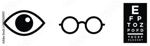 Ophthalmology icons: Eye, eyeglasses, Snellen chart symbolizing eyesight care.