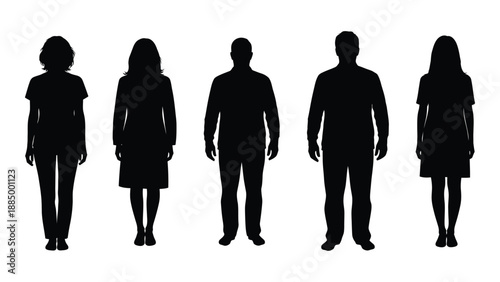 Silhouettes of five individuals isolated on white background, Vector
