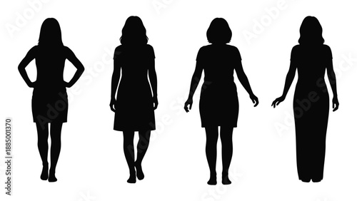 Silhouettes of women in various poses isolated on white background, Vector