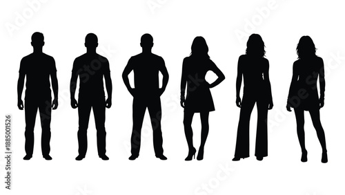 Silhouettes of six individuals isolated on white background, Vector