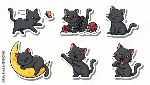 Set of cute cartoon black cat stickers in various poses.