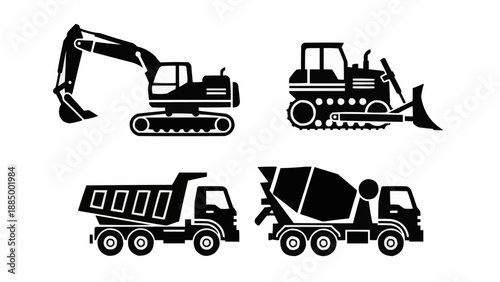 Set of four construction vehicles in silhouette style.