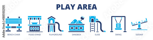 Play Area web banner icon vector illustration concept for outdoor public play space, with icon of bench chair, food stand, playground, sandbox, slide, swing, and seesaw.