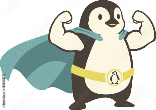 A cartoon superhero penguin flexing its muscles and wearing a cape and belt, depicting strength and a happy demeanor.
