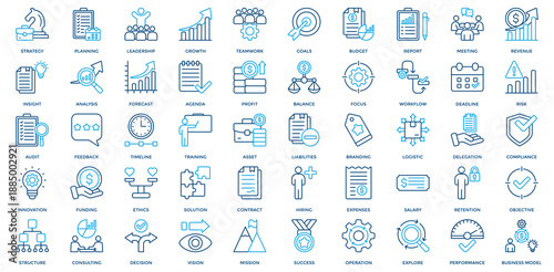 Business Management icon set. Containing strategy, planning, leadership, profit, teamwork, goals, budget, objective, structure, delegation, compliance icon. Outline Color style