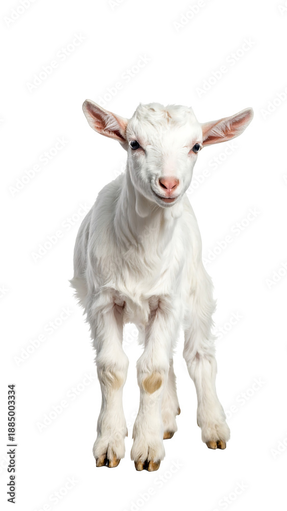 Fototapeta premium Adorable Baby Goat Standing Calmly on White Background
