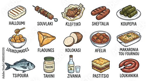 A Vibrant Illustration Gallery of 16 Classic Dishes Showcasing Warm Hospitality on a Clean White Background, Viewed Frontally