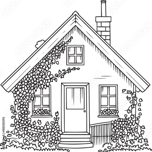 Line art drawing of a cottage house with vines covering the walls and a chimney on the roof top