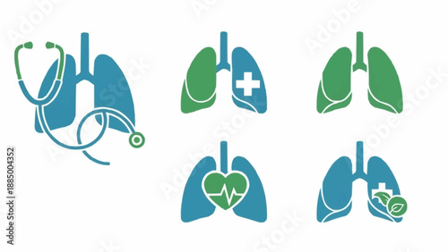 Set of medical lung icons with stethoscope and heart symbol.