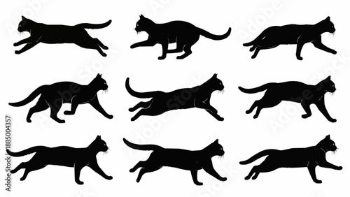 Set of nine black cat silhouettes in various running poses.