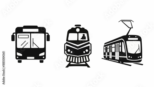 Set of public transportation vehicle icons including bus train and tram.