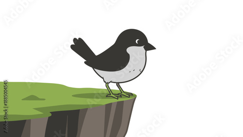 Cute cartoon bird on cliff edge, ready to fly, white background