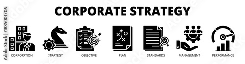Corporate strategy web banner icon vector illustration concept for organizational planning with icon of corporation, strategy, objective, plan, standards, management, and performance.