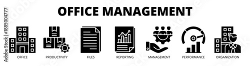 Office management web banner icon vector illustration concept for workplace organization with icon of office, productivity, files, reporting, management, performance, and organization.