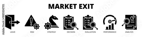 Market exit web banner icon vector illustration concept for strategic withdrawal with icon of leave, risk, strategy, decision, evaluation, performance, and analysis.