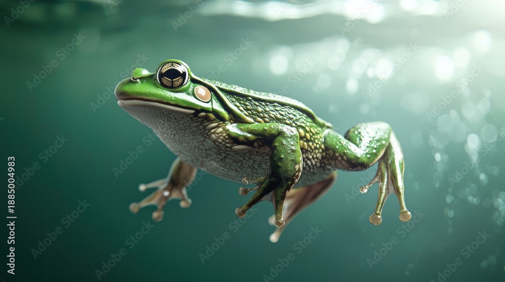 Obraz premium vibrant green frog swims gracefully underwater, showcasing its unique features and texture in a serene aquatic environment.