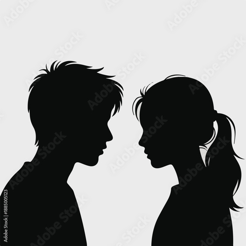 Minimalist Silhouette of a Young Couple Facing Each Other, Vector Profile Illustration of Boy and Girl