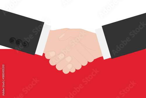 Two Businessman Shaking Hand in front of Flag of Poland. Vector Illustration.