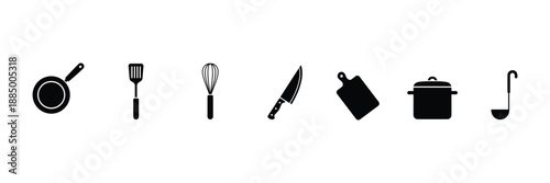Cooking utensils frying pan spatula whisk knife cutting board pot ladle vector