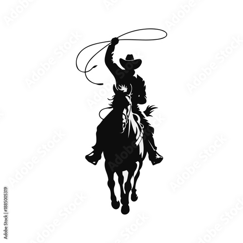 Vector silhouette illustration of a cowboy riding a horse and swinging a lasso rope, isolated on white background.