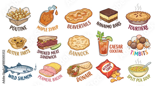 Playful hand-drawn cartoon food illustration showcase of Canadian cuisine icons arranged in a grid view with bright colors on a clean white background