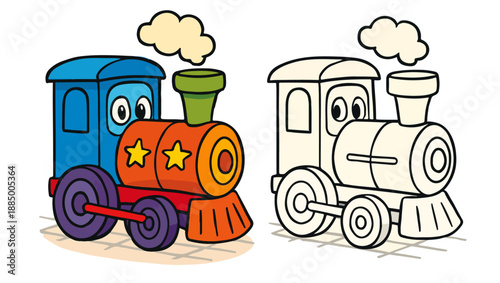 Cartoon Toy Train Engine Coloring Page with Bold Outline and Vibrant Version