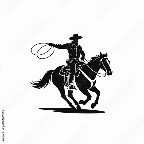 Cowboy Riding Horse and Throwing Lasso Silhouette, Western Rodeo Vector Illustration