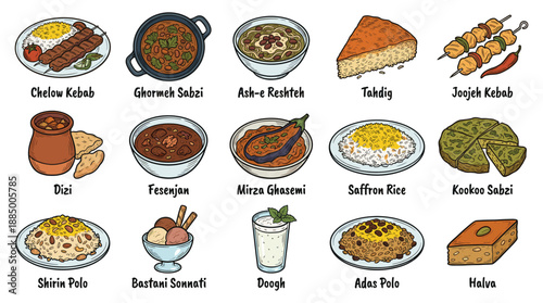 A vibrant overhead view of a traditional Afghan cuisine showcase, featuring twelve plated dishes arranged in four rows, highlighting cultural flavors and colorful presentations