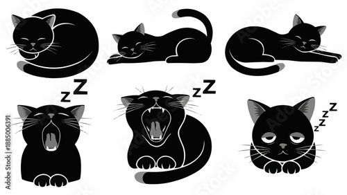 Set of six black cats in different sleeping and yawning poses.