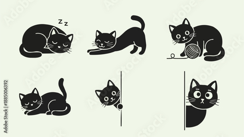 Set of six cute black cat illustrations in various poses.