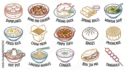Hand‑drawn graphic of Chinese cuisine with 16 dishes like Dumplings, Kung Pao Chicken, Peking Duck, Spring Rolls and Wonton Soup, viewed frontally on white backdrop