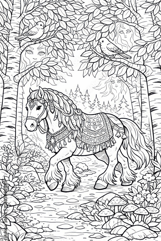 Fototapeta premium Enchanting coloring page of a small adorned pony trotting down a woodland trail framed by mushrooms, flowers, and watchful tree spirits, perfect for fantasy art lovers.