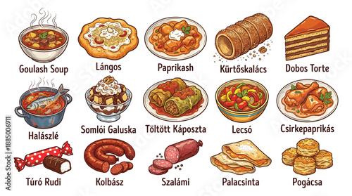 Discovering Hungarian Traditional Cuisine in a Vibrant Illustrated Grid of 16 Classic Dishes, viewed from a cultural food showcase perspective