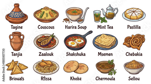 Top‑down exploration of a vibrant grid of sixteen traditional Moroccan dishes, captured in a bright kitchen setting, highlighting culinary heritage and cultural flavors